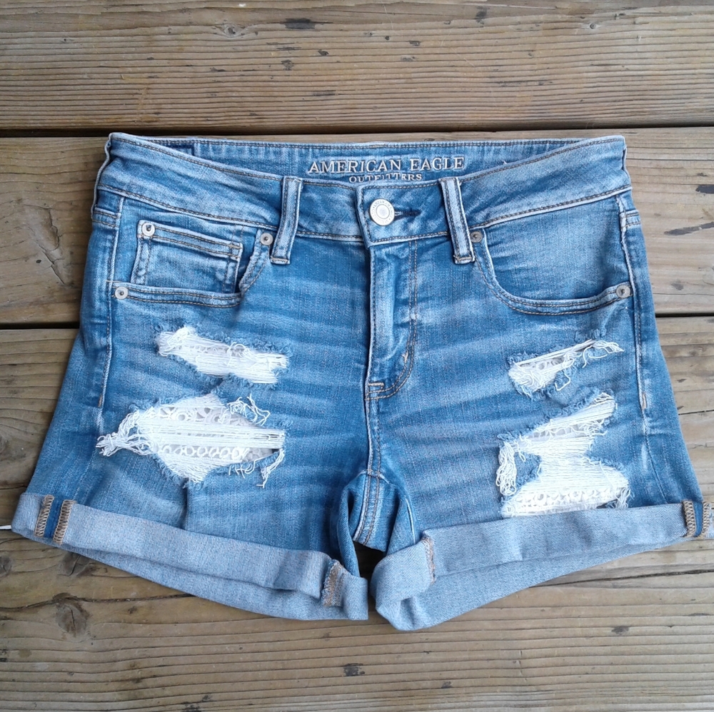 american eagle midi destroyed blue jean short lace - Picture 1 of 6